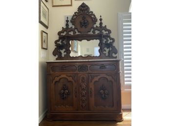 Exquisite Antique Buffet & Mirrored Hutch Carved Fruit Motif
