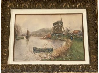 Watercolor (Pastel) Dutch Windmill Signed