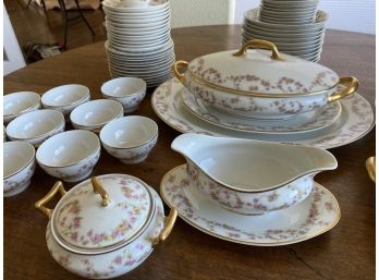 Gorgeous French Limoges 92 Piece Pink Rose With Gold Trim Antique Dinner Service