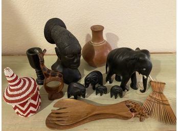 Collection Of Mostly African Carvings Included Ebony, Polychrome, & Beaded Basket