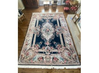 12' X 8.5' Fine Wool Aubusson Navy Area Rug With Lovely Floral Motif