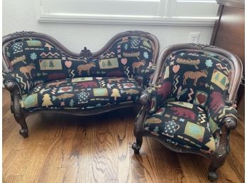 Antique Children's Victorian Settee And Chair With Western Upholstery