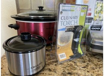 Collection Of Kitchen Appliances And Gadgets Including Crockpots & Blender
