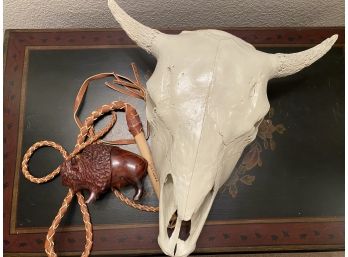 Southwestern Collection Of Cow Skull, Six Flags Whip, & Carved Wooden Bison
