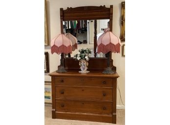 Antique Vanity Dresser W/ Rotating Mirror And Antique Lamps W/ Hand Painted Vase