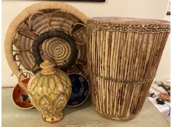 Collection Of Handmade Drum, Woven Basket, And German Odenwald Folk Pottery
