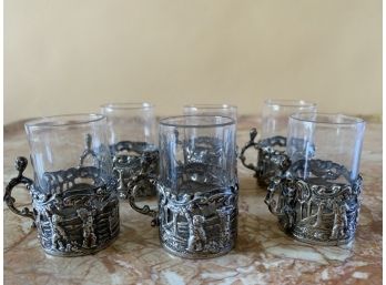 Early 1900s W.C. Sterling Silver Teacups With Glass Insert Featuring Classic Scene