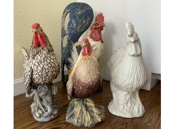 Collection Of Four Decorative Roosters Including Carved Wood And Porcelain