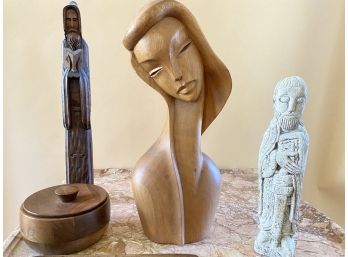 Collection Of Wood Carvings Including Carved Santo And Female Bust
