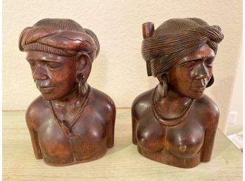 Pair Of Two Carved Vintage Rosewood African Busts Measures 7' Tall