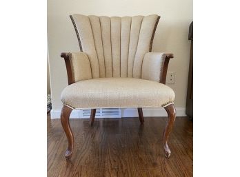 Antique Wing Back Chair With Custom Cream Upholstery