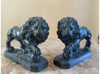 Pair Of Handsome Antique Hand-Carved Green Marble Lion Bookends