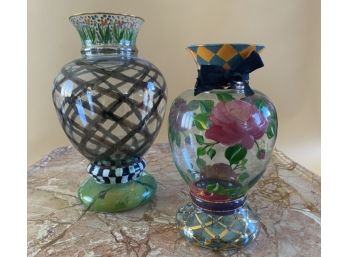 Rare Pair Of Two MacKenzie Childs Victoria & Richard Painted Glass Vases - Retired
