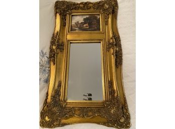 English Antique Mirror W/Oil Painting Above Of A Cottage Home In Country Scene