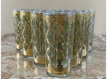 Set Of 10 Culver Green & Gold Mid Century Gilded Drinking Glasses
