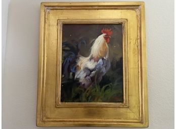 Linda St. Clair Rooster Oil Painting With Painted Gold Frame