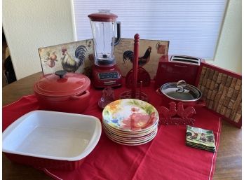 Collection Of Red Kitchen Appliances And Decor Including Kitchenaid & Martha Stewart Enameled Dutch Oven