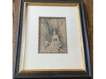 M. Schuer Antique Framed Etching Print Of Victorian Woman At Park