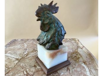 Bronze Rooster Bust On Marble Pedestal Base By Artist Sandy Scott 3/50