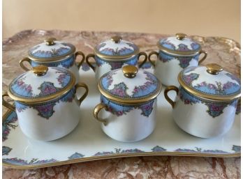 Lovely Set Of 6 Limoges Pot De Creme With Tray- France