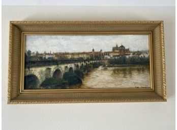 Antique Rectangular Signed Oil On Board Of Roman Aqueduct With Custom Frame