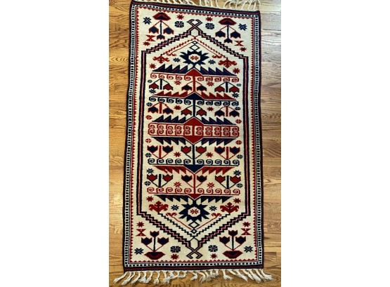 Beautiful Red, Cream, & Blue Runner Rug With First Shearing Wool 66' X 33'
