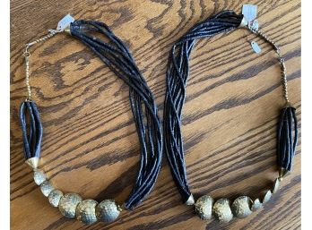 2 Large Costume Jewelry Black Beads With Gold Colored Medallions