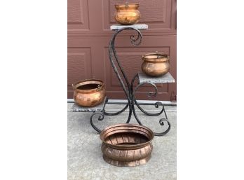 Marble And Wraught Iron Plant Stand With 4 Copper Planters