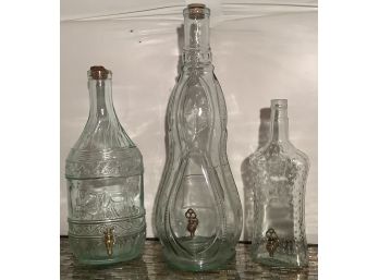 Collection Of 3 Large Glass Bottles With Brass Tap Dispensers
