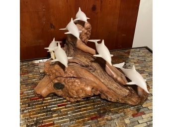 John Perry Dolphins On Live Wood Sculpture