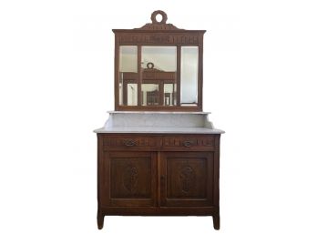 Exceptional European Antique Tiger Oak Vanity Table With Marble Top And Tri-Part Mirror
