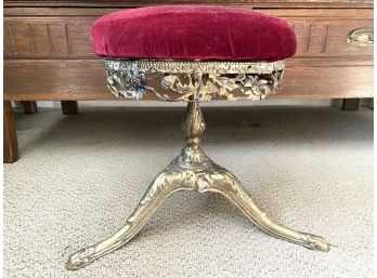 Gorgeous Antique Heavy Brass Rose Detail  Stool With Red Velvet Top