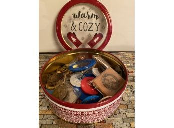 Christmas Tin Filled With Novelty Tokens