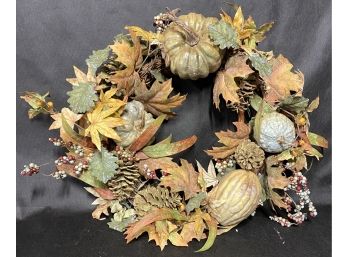 Fall Harvest Wreath With Fall Leaves And Gourds