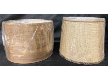 2 Lamp Shades, One Walnut Wood Veneer With Nickle Accents And One Burlap With Brown Trim