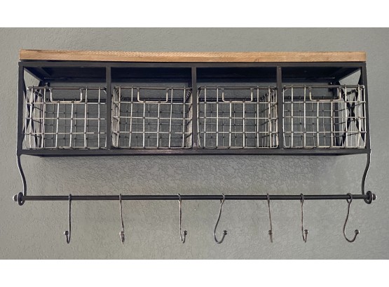 Metal And Wood Wall Shelf With Hooks And Metal Baskets