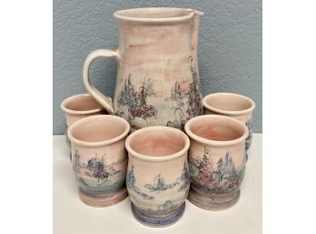 Glazed Pottery Pitcher With Five Cups