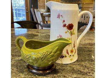 Green Gravy Pourer And White Floral Pitcher