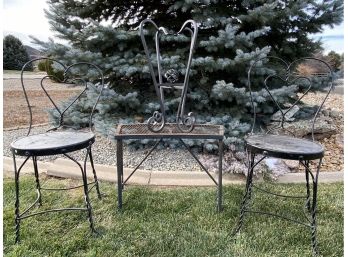 Lot Of Misc Metal Outdoor Pieces Incl. Plant Stand, Table And 2 Chairs