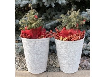 2 White Pots Filled With Festive Faux Plants And Berries