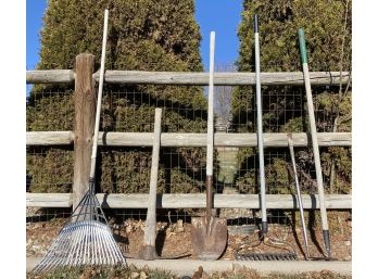 Lot Of 6 Outdoor Tools Incl. Rake And Pickaxe