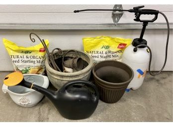 Gardening Collection Including Planters, Watering Can, And Fertilizer