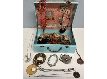 Collection Of Costume Jewelry And Cardboard Jewelry Box