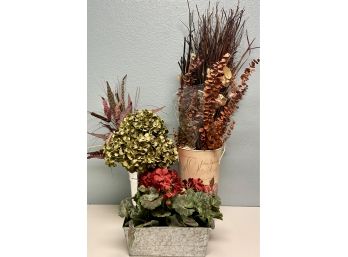 3 Bouquets Of Faux Flowers In Metal Planters