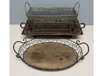 3 Metal & Wood Baskets & Trays