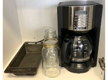 Coffee Machine, Mason Jars, And Metal Baking Pan