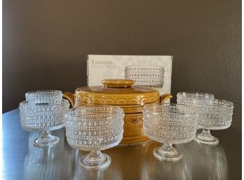 Set Of 6 Crystal Tasters And Mustard Colored Vintage Casserole Dish