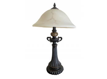 Heavy Bronze Toned Table Lamp With Opaque Glass Shade