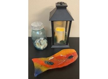 Cute Home Decor Including Battery Powered Lantern, Seashells, & Colorful Pottery Fish Dish