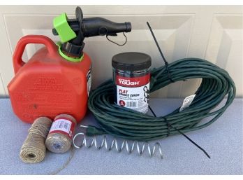 Miscellaneous Garage Supplies Including 1 Gallon Gas Can, Extension Cord, Bungee Cords, & More
